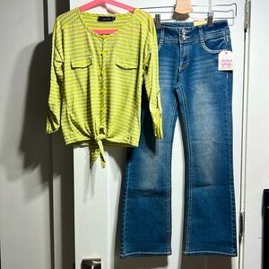 Lot of 2 NWT Faded Glory Girls 90s jeans, MissUnderstood tie waist top